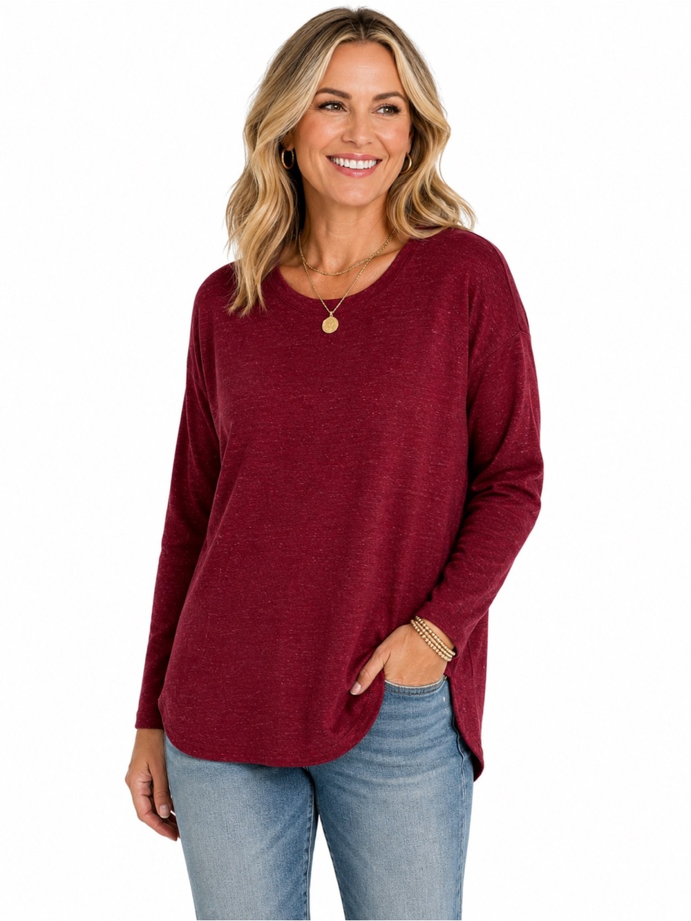 J. Jill Red Heathered Long Sleeve Knit Tunic Top Medium Cotton Blend w/ Pockets